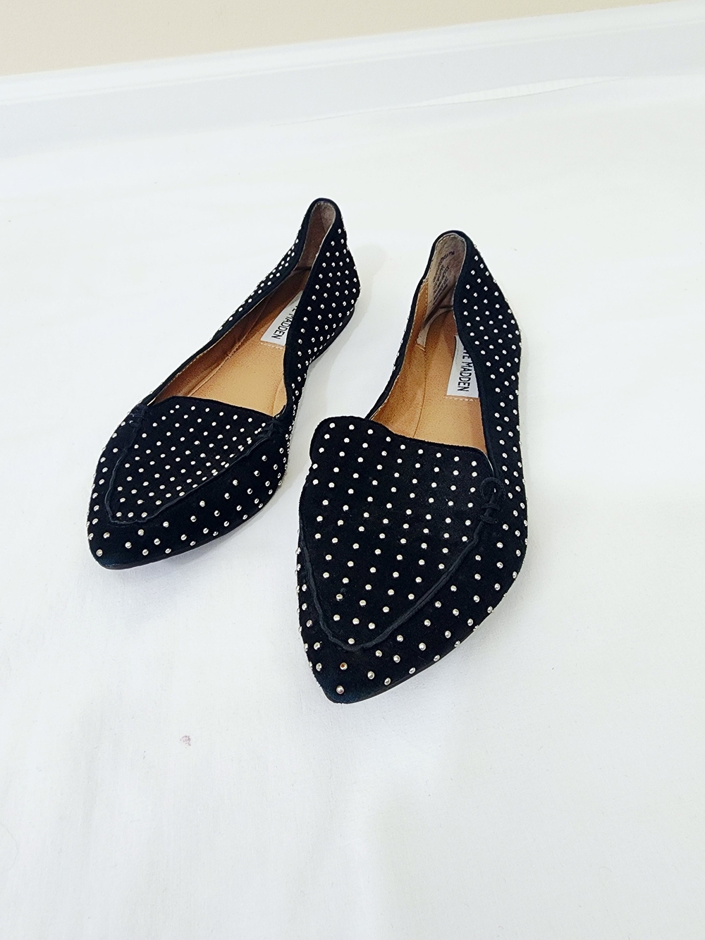 Steve Madden Studded Black Pointed Toe Flats Business Boss Babe Faux Leather 7